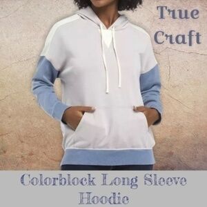 TRUE CRAFT Long Sleeve Color Block Pullover Cotton Hoodie-Lilac/Blue/Cream XL